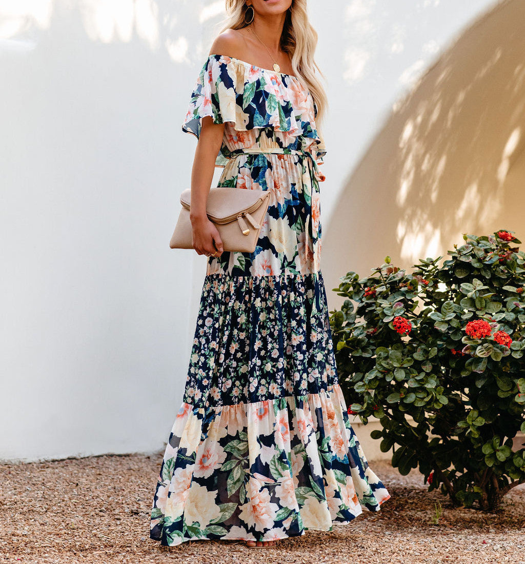 Fashion Celestia - Women's Floral Print Off-Shoulder Summer Maxi Dress