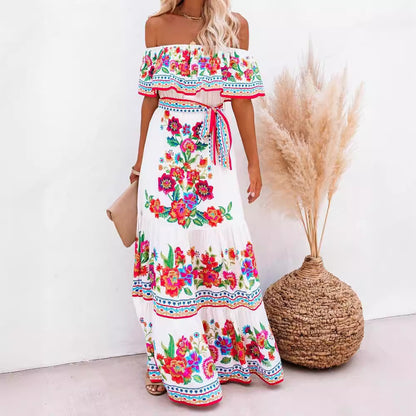 Fashion Celestia - Women's Floral Print Off-Shoulder Summer Maxi Dress