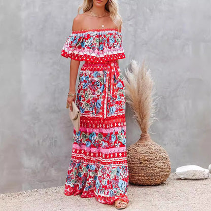 Fashion Celestia - Women's Floral Print Off-Shoulder Summer Maxi Dress