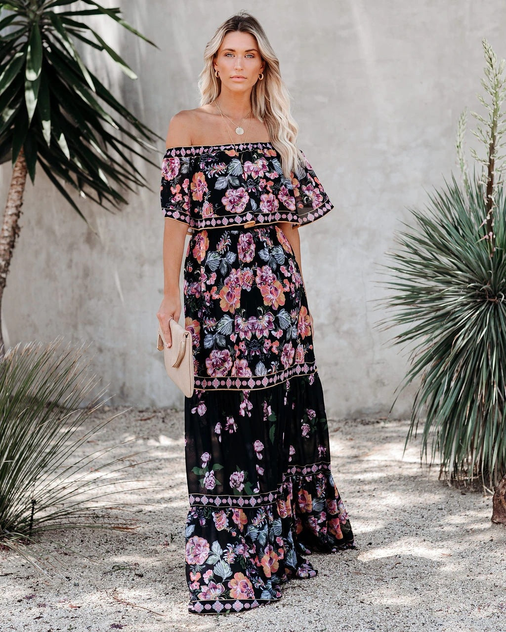 Fashion Celestia - Women's Floral Print Off-Shoulder Summer Maxi Dress