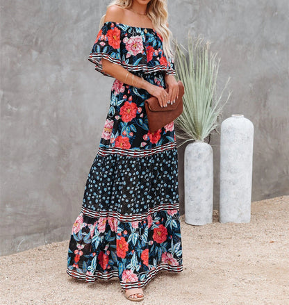 Fashion Celestia - Women's Floral Print Off-Shoulder Summer Maxi Dress