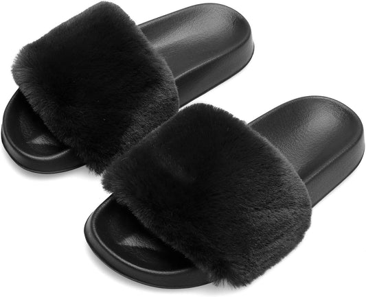 Womens Furry Slippers Open Toe Indoor Outdoor House Casual Flat Slides Sandals