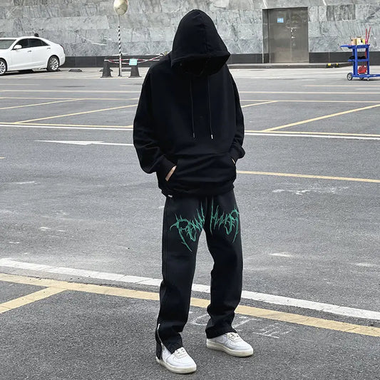 Men Y2K Street Dance Hiphop Jeans Fashion Embroidery Black Loose Board Denim Pants Jeans 