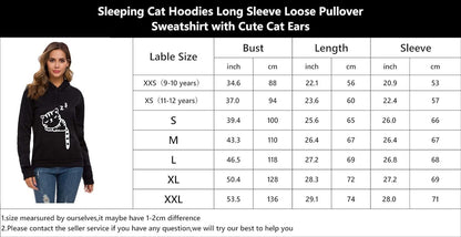 Women Teen Girls Cat Hoodie Sweatshirt Cute Cat Ear Sleeping Cat Printed Pullover Sweatshirt