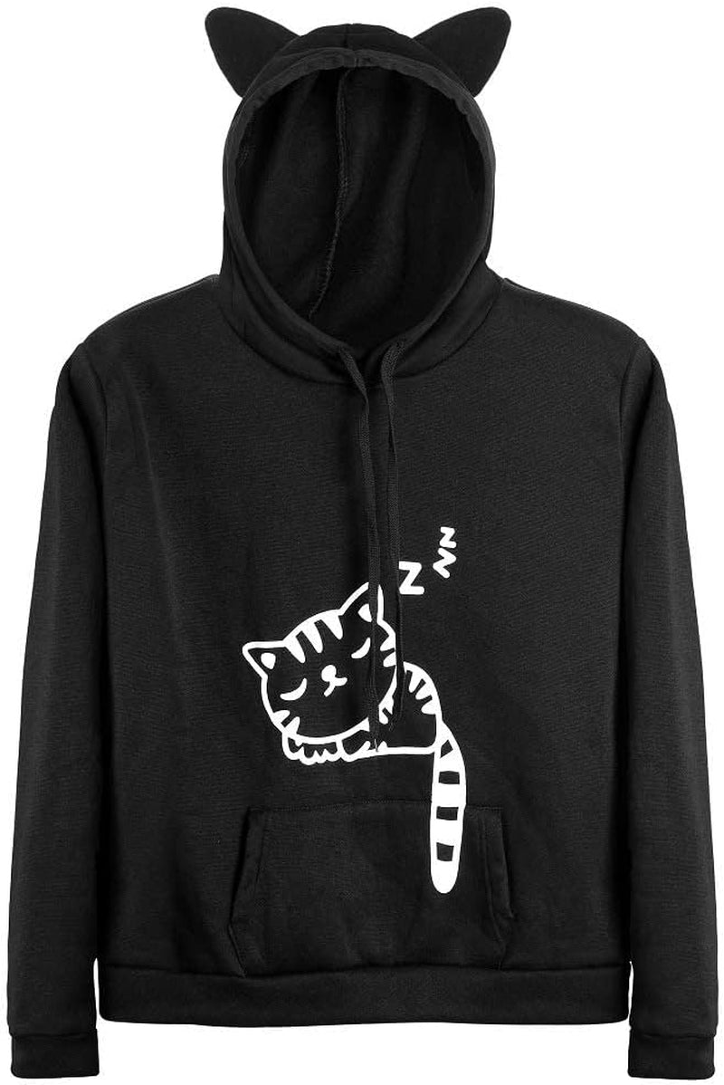 Women Teen Girls Cat Hoodie Sweatshirt Cute Cat Ear Sleeping Cat Printed Pullover Sweatshirt