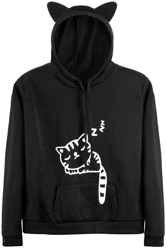 Women Teen Girls Cat Hoodie Sweatshirt Cute Cat Ear Sleeping Cat Printed Pullover Sweatshirt