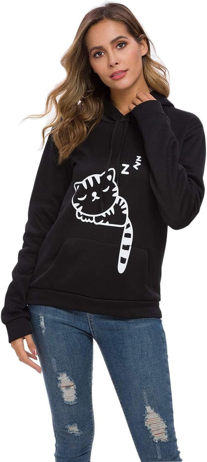 Women Teen Girls Cat Hoodie Sweatshirt Cute Cat Ear Sleeping Cat Printed Pullover Sweatshirt