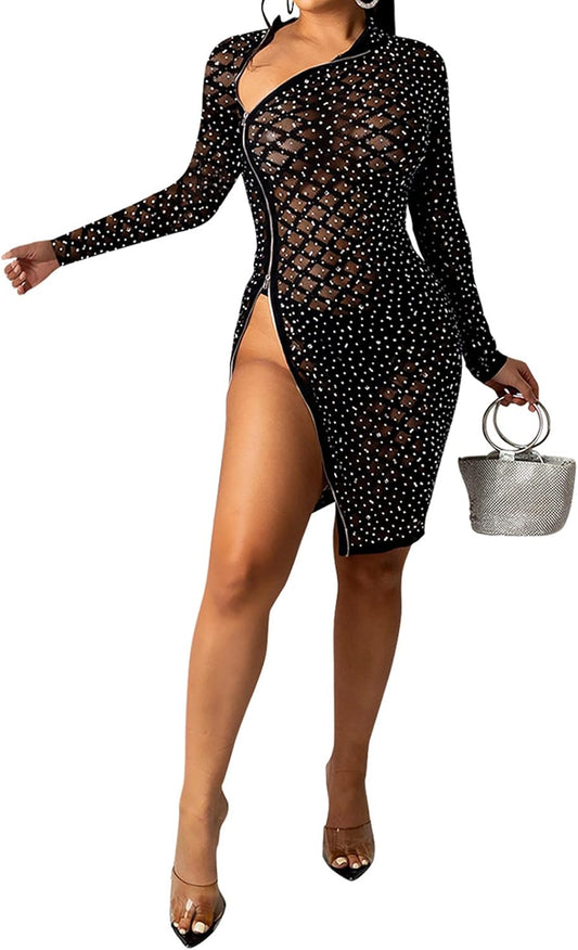 Women'S Sexy See through Hot Drilling Dress Long Sleeve Zipper Side Split Bodycon Dress Mini Club Party Dress Black L