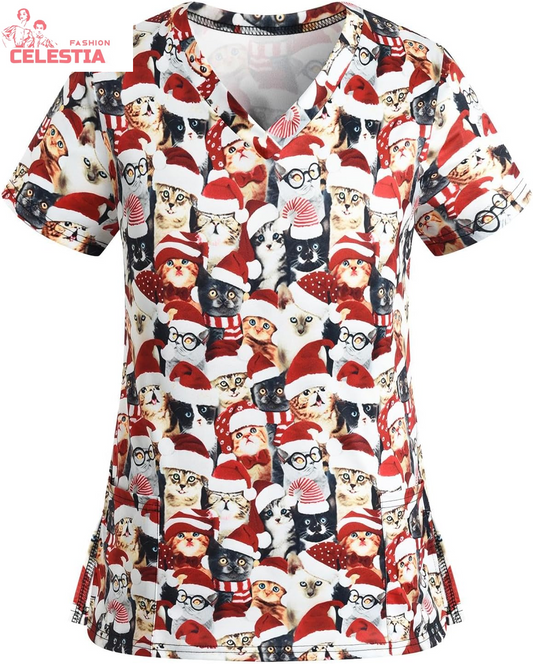 Christmas Scrub Tops Women Cute V-Neck Short Sleeve Santa Claus Snowman Xmas Printed Holiday Nurse Working Uniforms