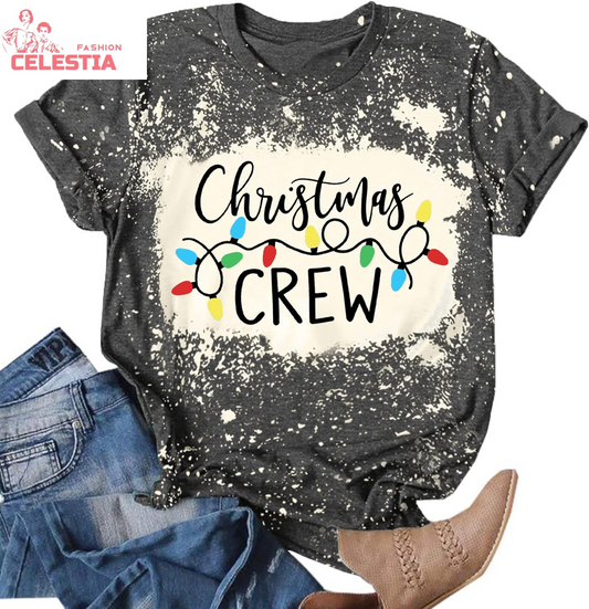 Christmas Crew Shirts for Women Xmas Shirt Top Short Sleeve Christmas Lights Print Graphic T Shirt Holiday Tees